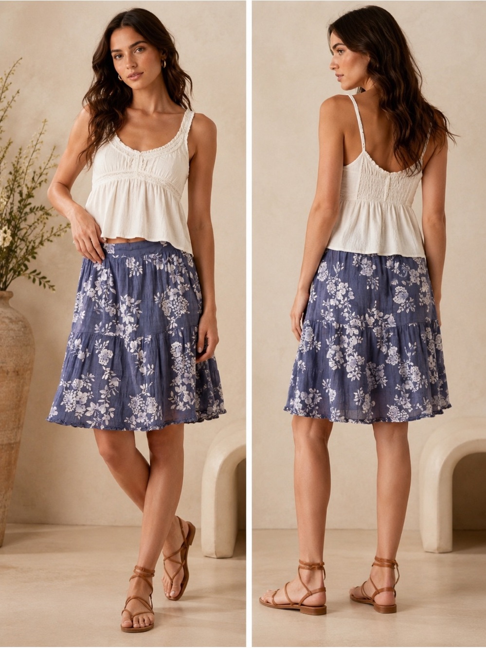 DownEast 100% Cotton Blue Floral Tiered Skirt Cottagecore Boho